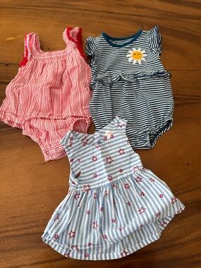 Cat & Jack Red White and Blue Bundle of 2 Cotton Rompers and Top Size 12M